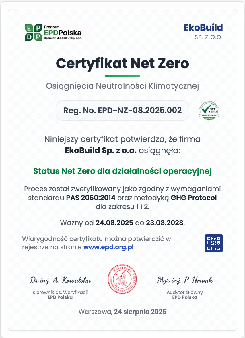 Przykładowy Certyfikat Net Zero od EPD Polska