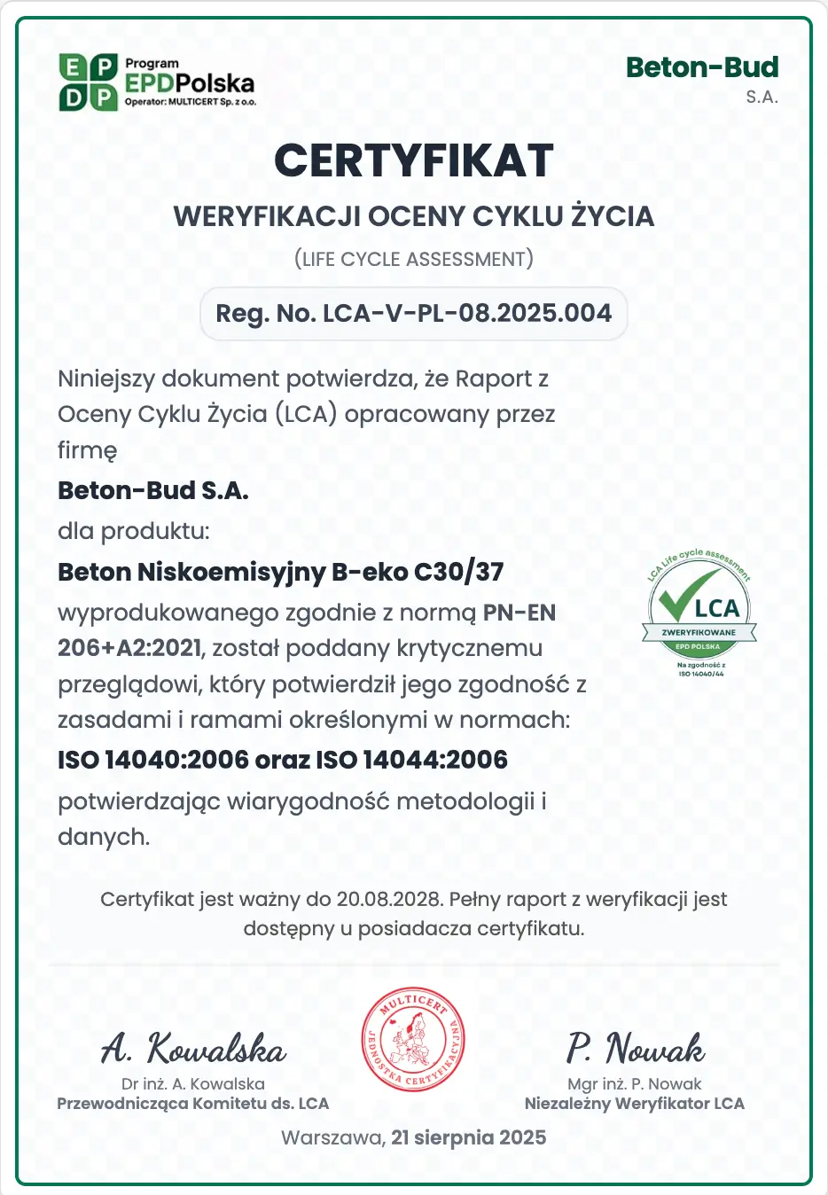Certyfikat Weryfikacji LCA EPD Polska