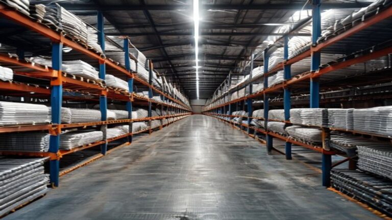 Magazyn profili stalowych na regałach