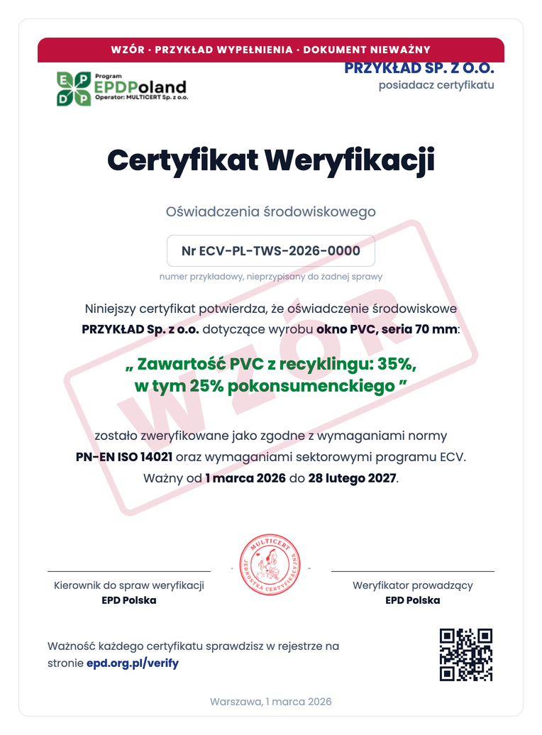 Wzór certyfikatu ECV z danymi przykładowymi
